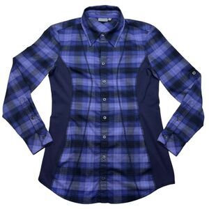 Athleta Fin Creek Blue Plaid Top with‎ Inset Stretch Sides Size Medium